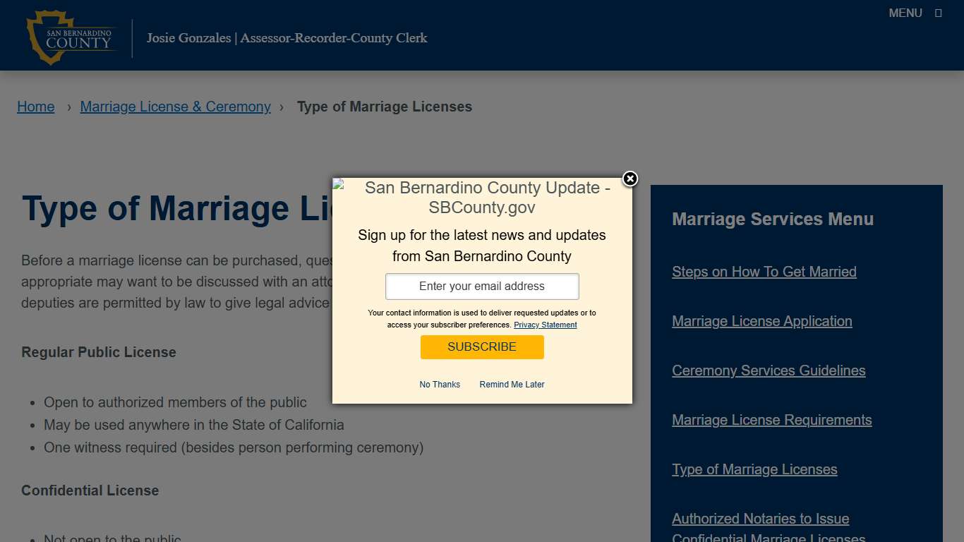 Type of Marriage Licenses – San Bernardino County Assessor